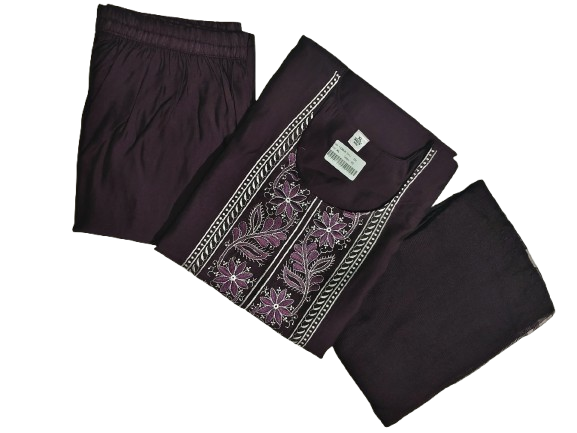 Deep Purple Embroidered Straight Kurta with Palazzo and Dupatta Set